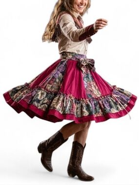 Vintage Cottagecore Floral Tiered Ruffle Mini Skirt Coquette Boho Burgundy Small